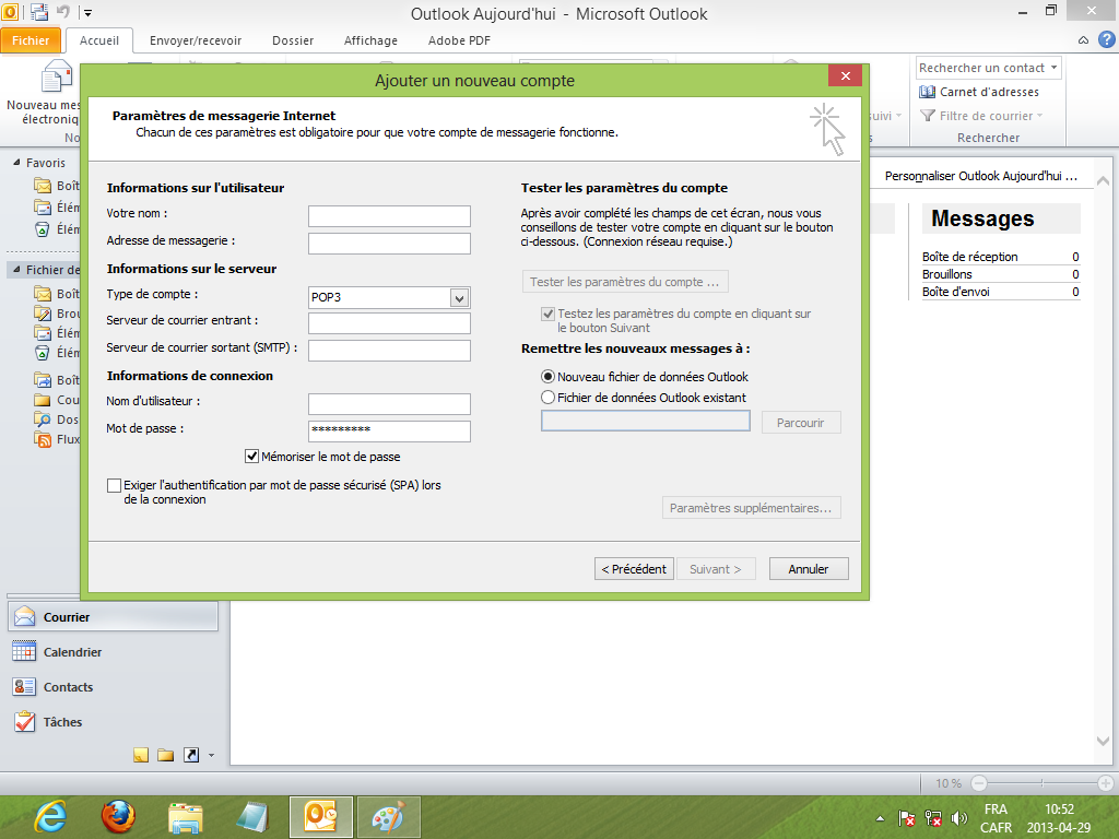 configuration serveur - informations connexion - outlook 2010 - outlook 2013